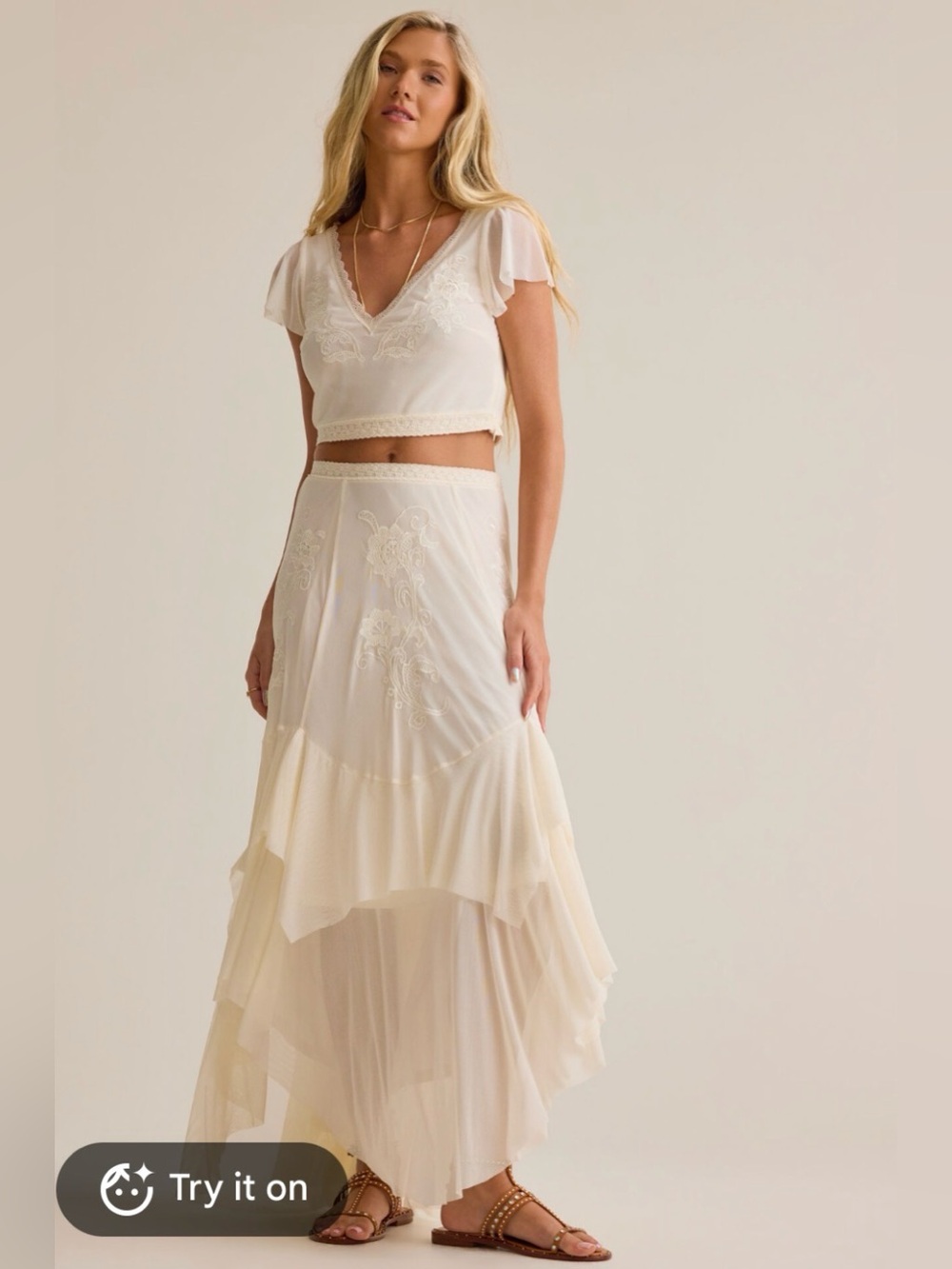 Altar'd State Carlin Cream Tiered High-Low Embroidered Maxi Skirt and Blouse Set
